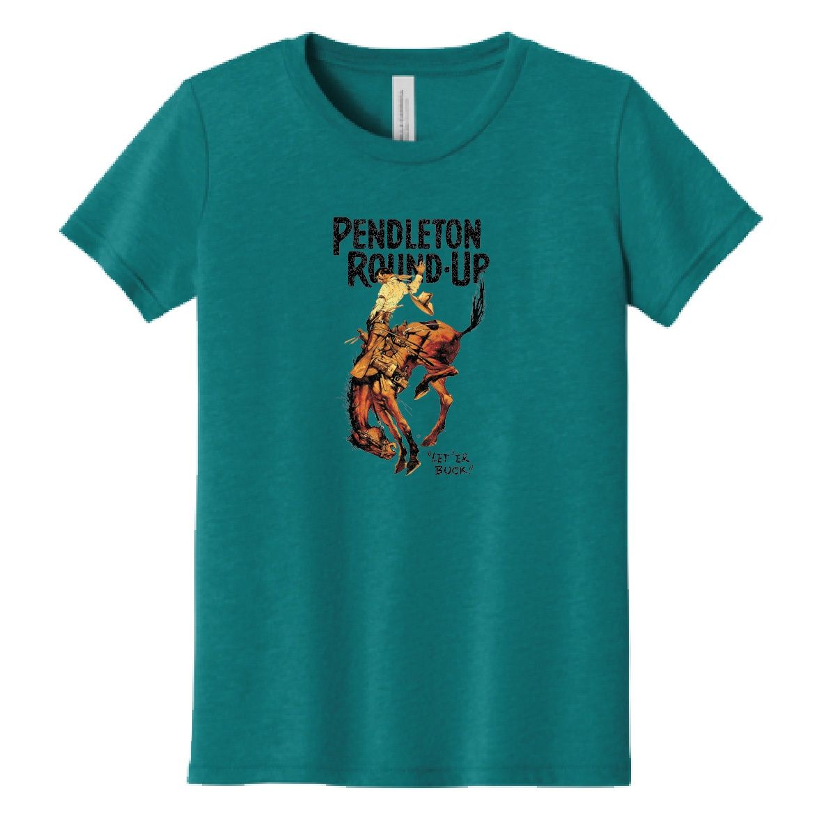 Youth Pendleton Round-Up Teal Full Color Bucking Horse Tee, size: S