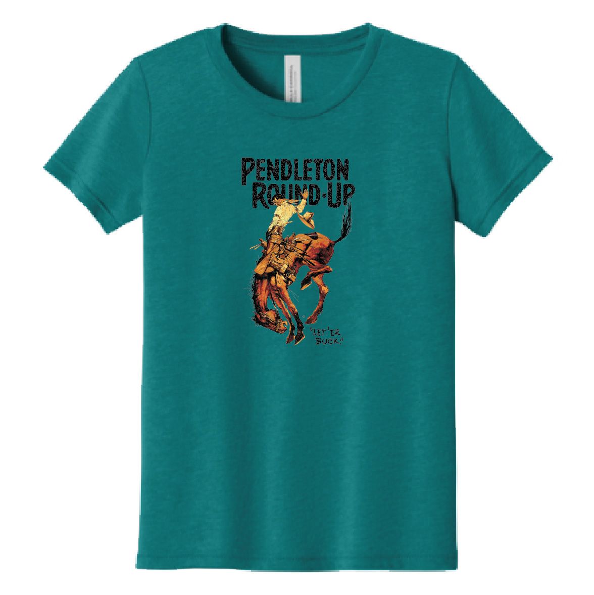 Youth Pendleton Round-Up Teal Full Color Bucking Horse Tee, size: S