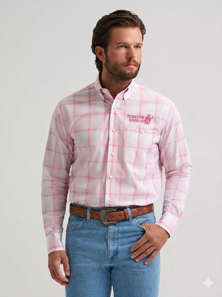 Men's Wrangler Pendleton Round-Up Bucking Cancer Long Sleeve Button