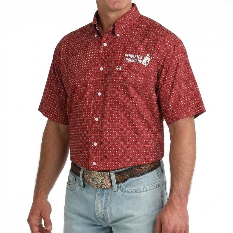 Men's Cinch Pendleton Round-Up Red Arenaflex Short Sleeve Button Up