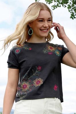 Ladies Cruel Pendleton Round-Up Gray Embroidered Slub Puff Tee