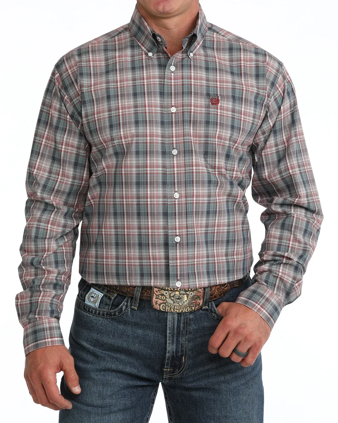 Men's Cinch Pendleton Round-Up Blue/Red Plaid Long Sleeve Button Up, size: S