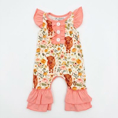 Infant Girls MontanaCo Pendleton Round-Up Highland Cow Ruffle Onesie