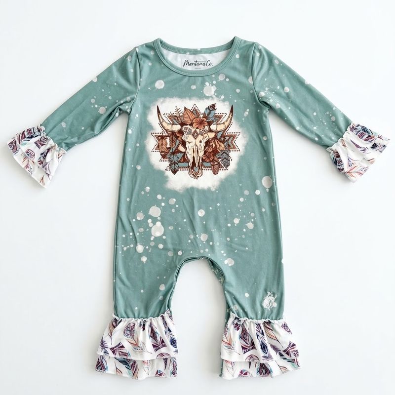 Infant Girls MontanaCo Pendleton Round-Up Skull Ruffle Onesie
