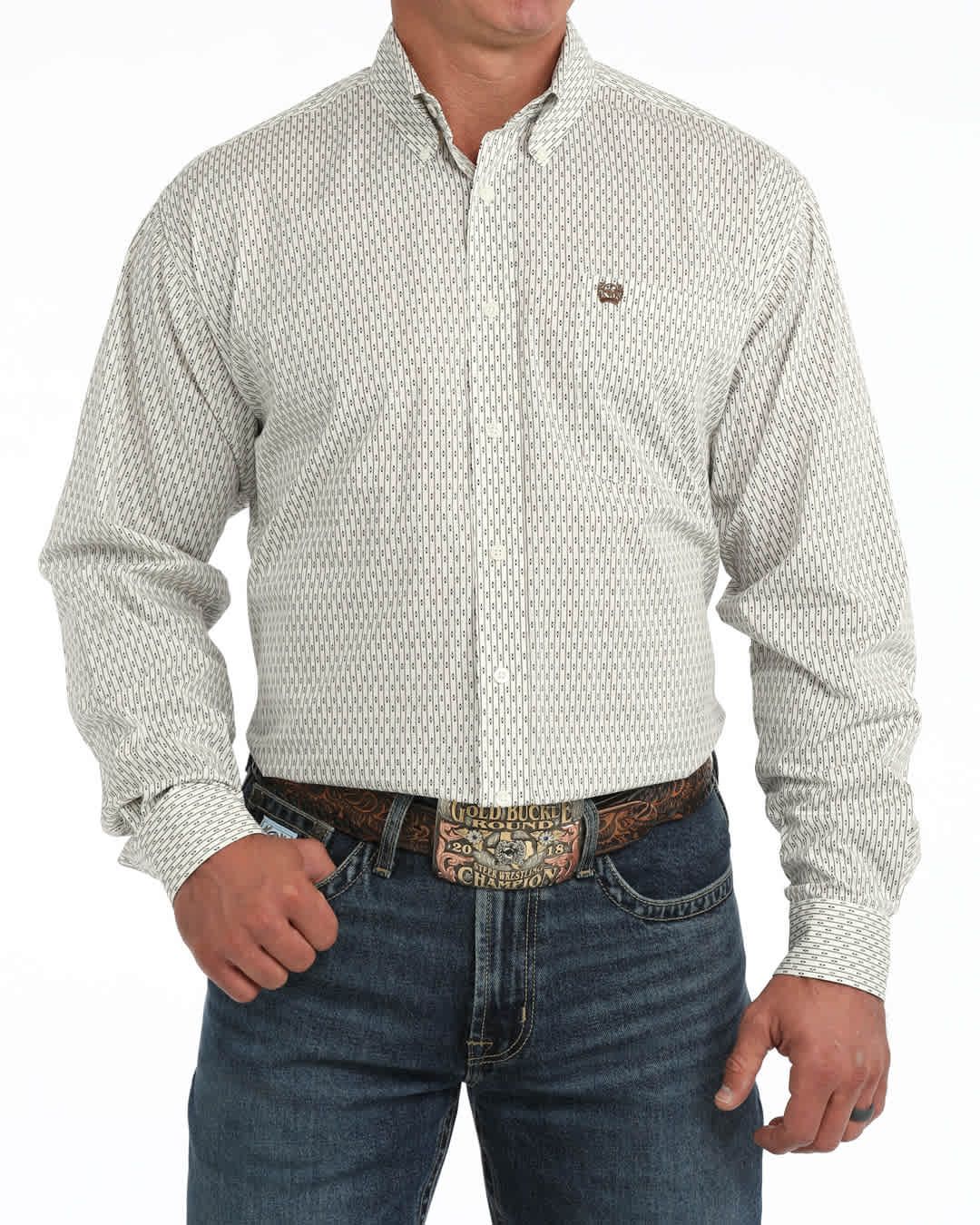 Men's Cinch Pendleton Round-Up Cream Vertical Stripe Long Sleeve Button Up, size: S