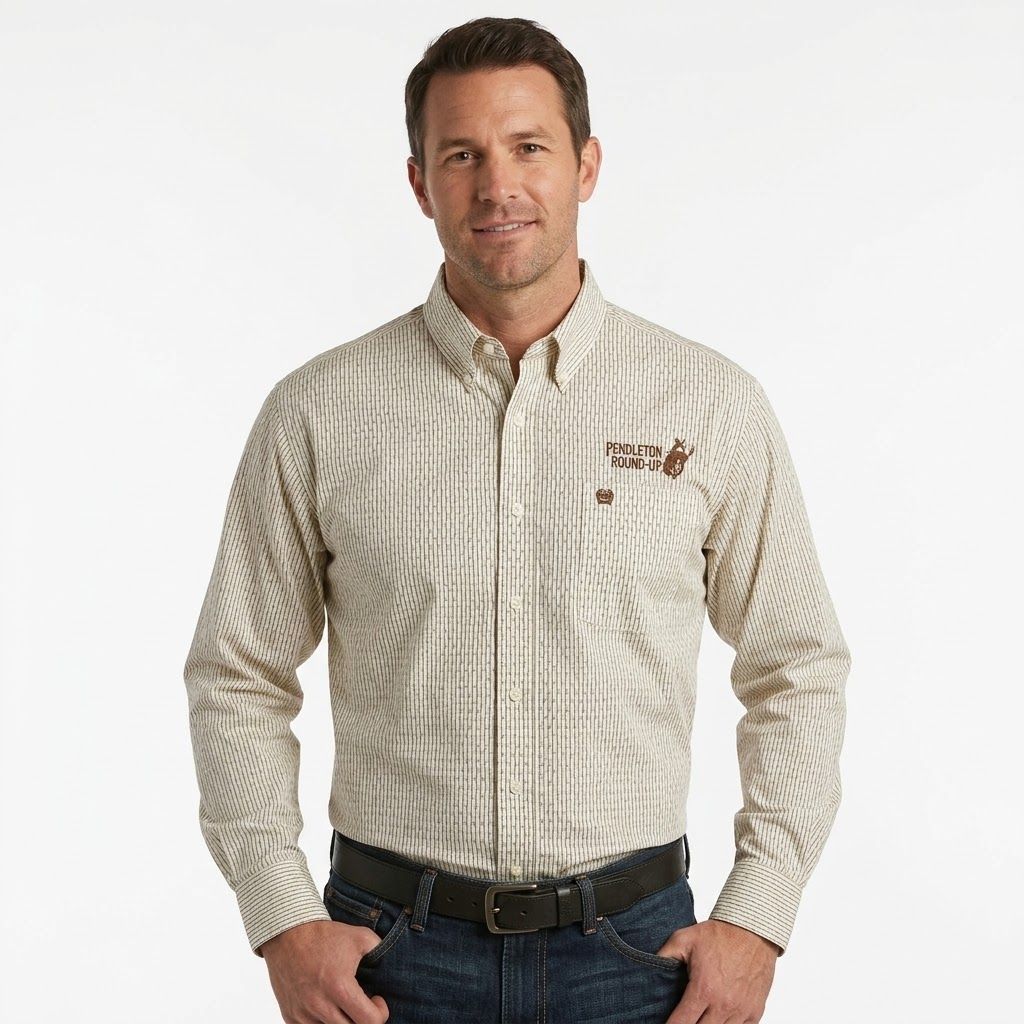 Men's Cinch Pendleton Round-Up Cream Vertical Stripe Long Sleeve Button Up