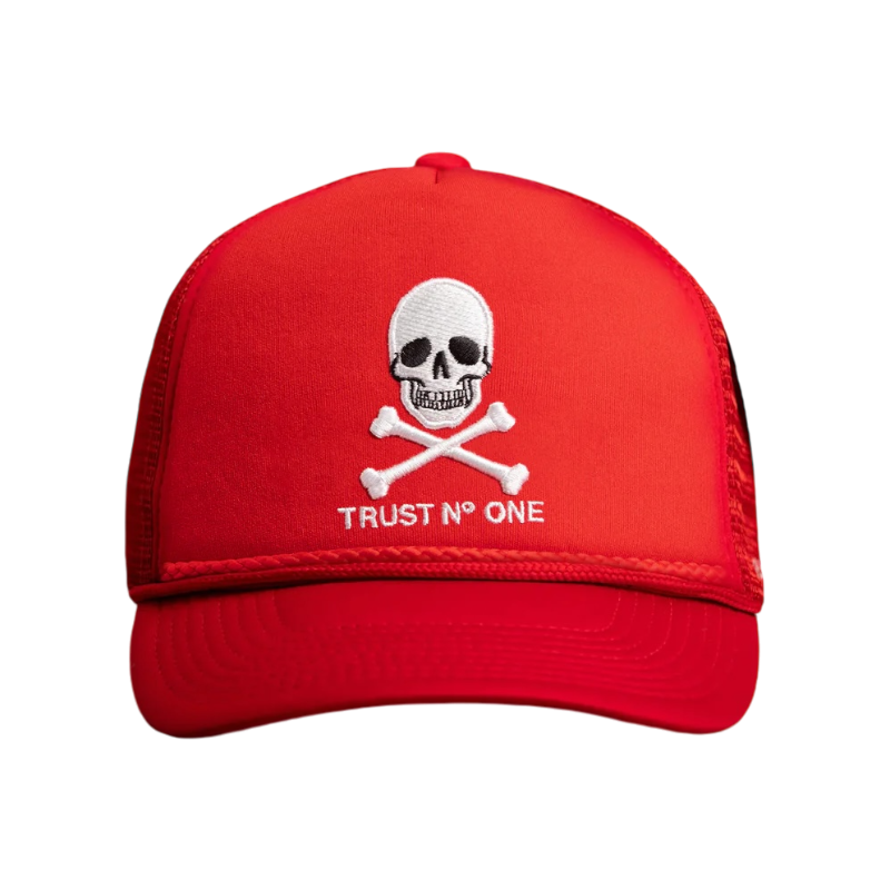 TRUST NO ONE VARSITY RED TRUCKER HAT