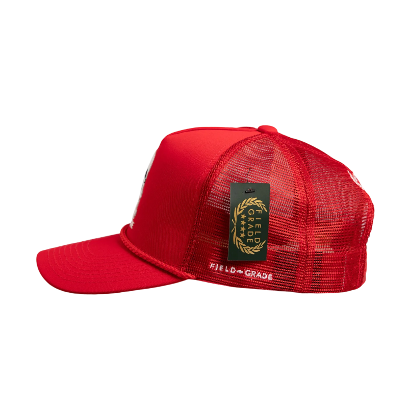 TRUST NO ONE VARSITY RED TRUCKER HAT