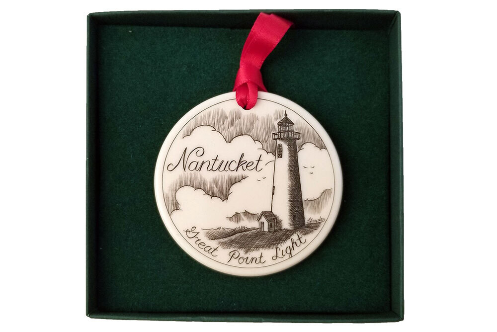 Christmas Ornament, Great Point Lighthouse, Reproduction Scrimshaw