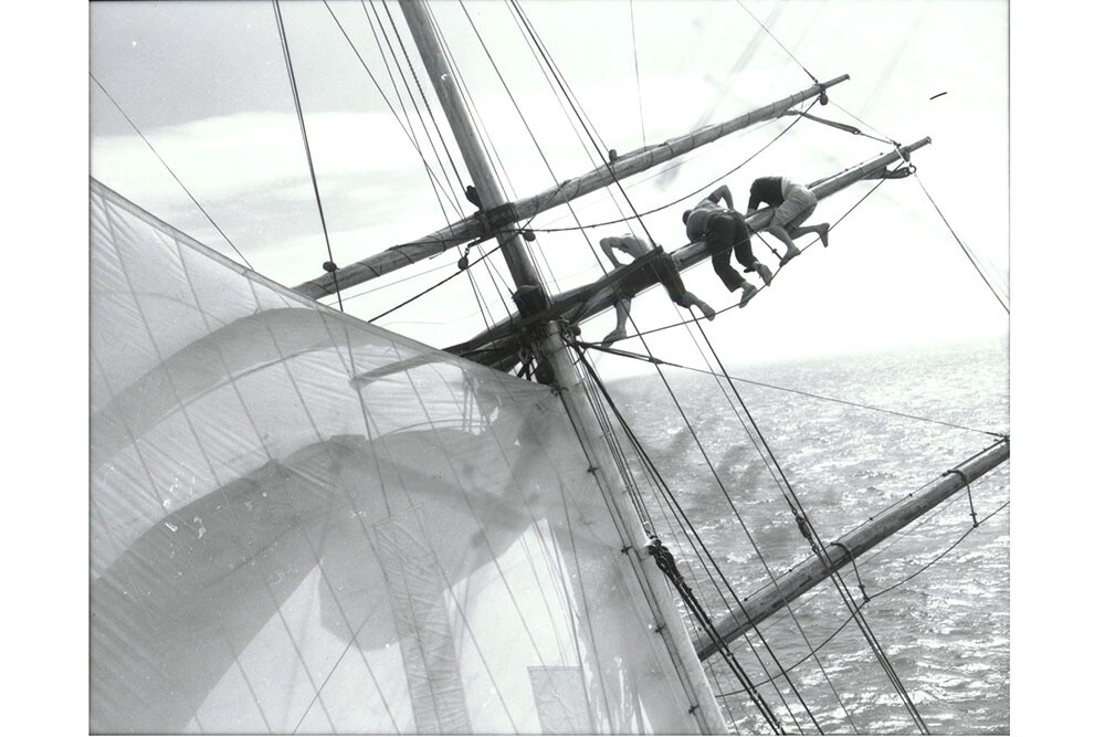 Crew Working Sail on a Spar of the Brigantine Yankee, September 1959