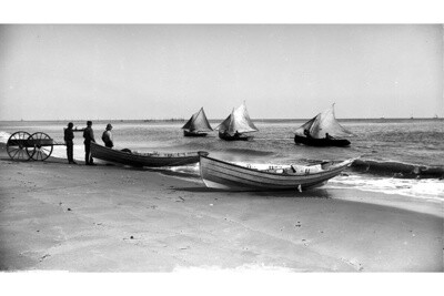 Fishermen and Boats on the Beach, circa 1890