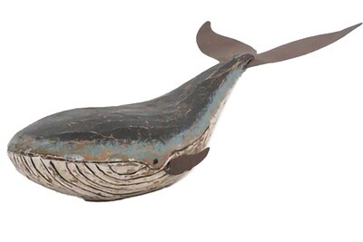 Vintage Painted Wood Whale with Metal Fins