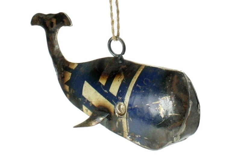 Blue Reclaimed Metal Whale Ornament