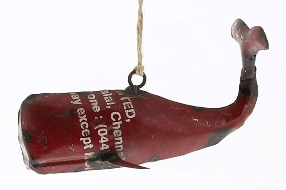 Red Reclaimed Metal Whale Ornament
