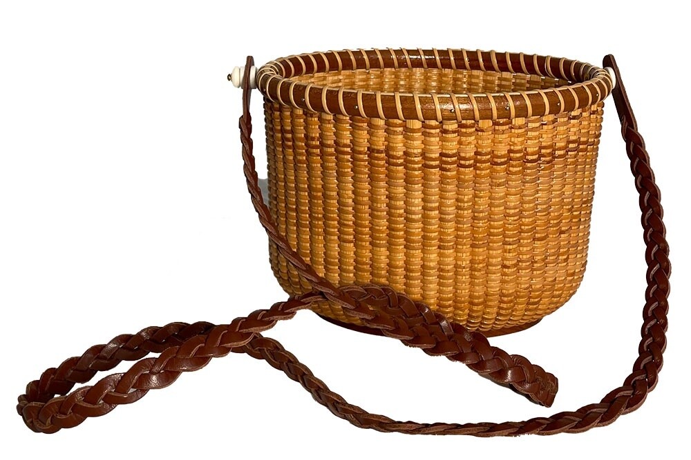 Nantucket Lightship Basket Oval Tote with Braided Leather Shoulder Strap by Nancy Martin