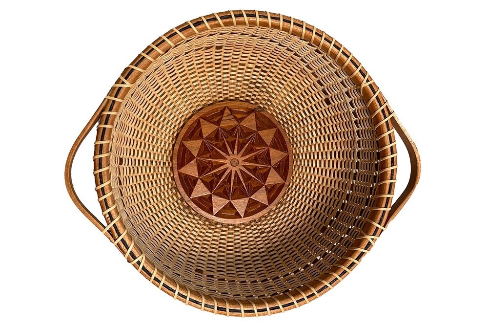 Fancy Weave Nantucket Lightship Basket with Carved Base by Pat Krystofolski