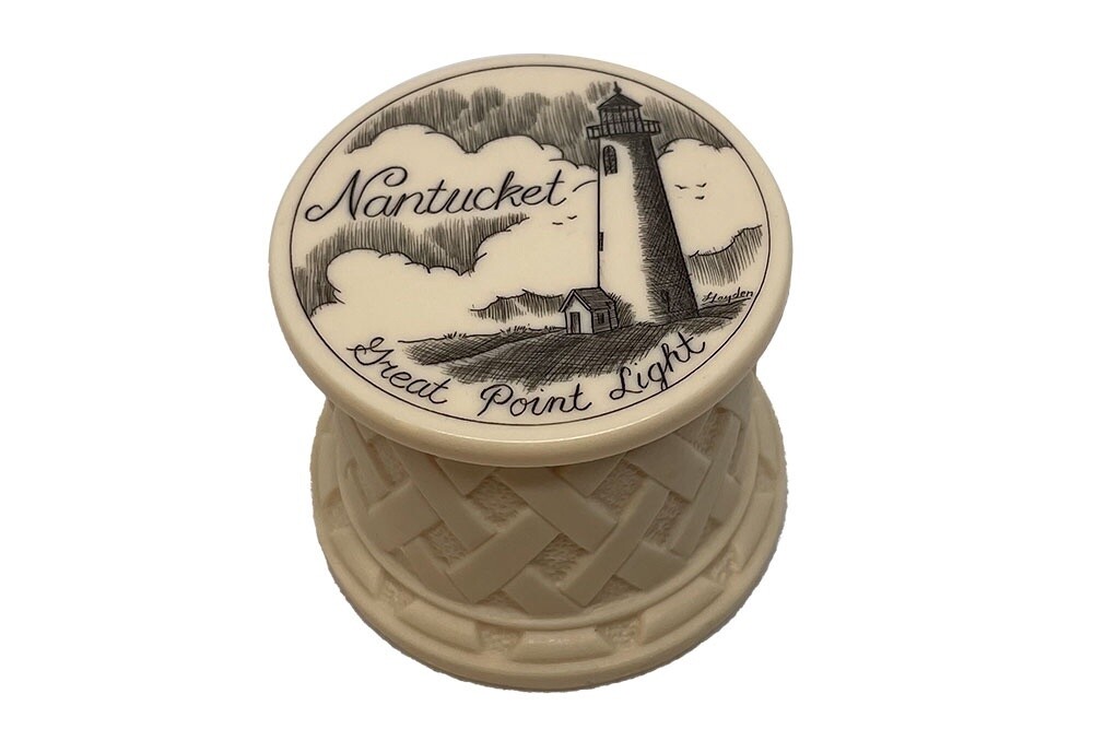 Faux Ivory Round Box with Reproduction Scrimshaw Top