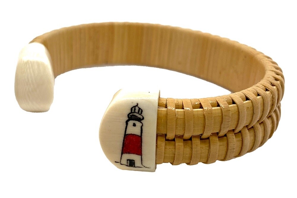 Nantucket Lightship Basket Weave Cuff Bracelet with Scrimshaw Sankaty Lighthouse by Caitlin Parsons