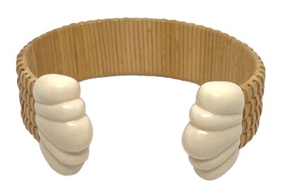 Nantucket Lightship Basket Bracelet with Carved Ivory End Caps by Pat Perry