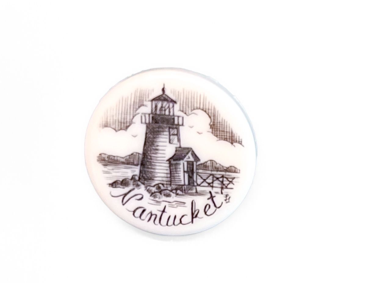Lapel Pin, Round Reproduction Scrimshaw, Style: Brant Point