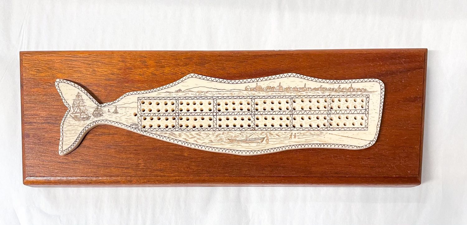 Cribbage Board, Reproduction Scrimshaw, Whale on Wood
