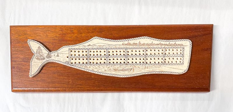 Cribbage Board, Reproduction Scrimshaw, Whale on Wood