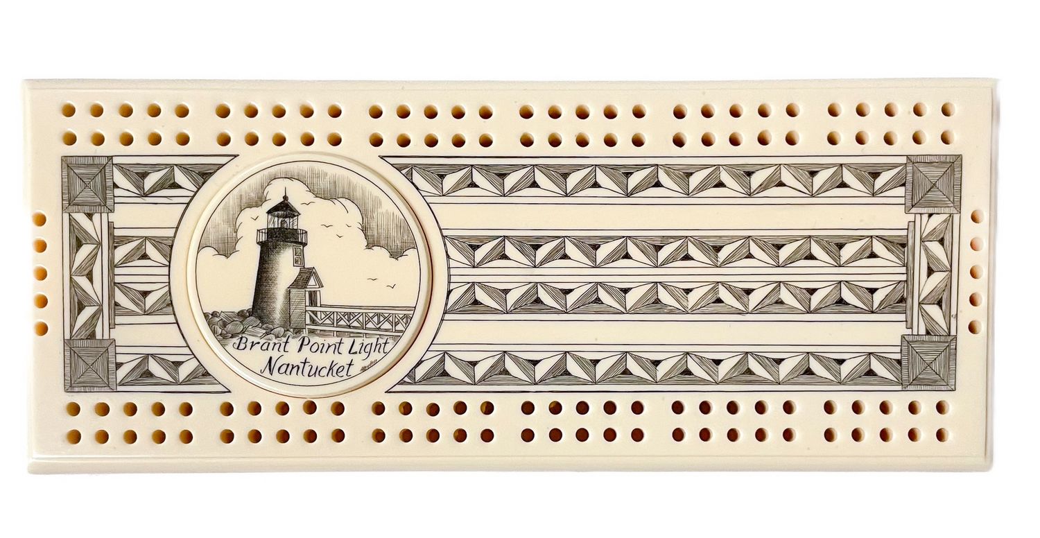 Cribbage Board, Reproduction Scrimshaw Brant Point Lighthouse