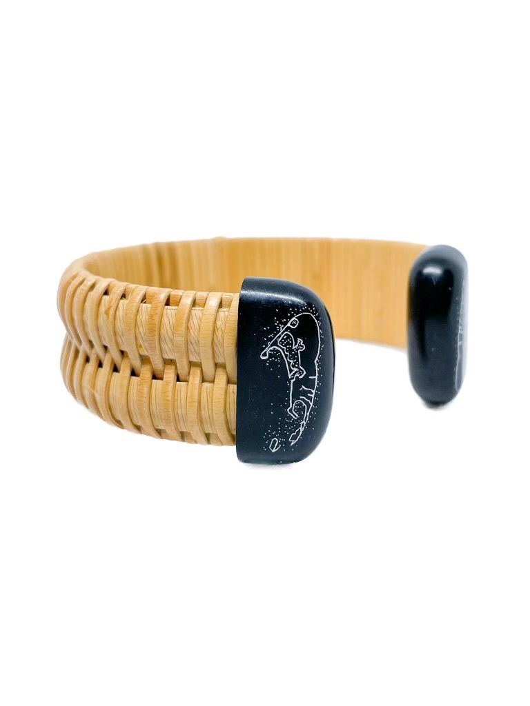 Nantucket Lightship Basket Cuff Bracelet with Black Island Map Ends by Laura Stewart