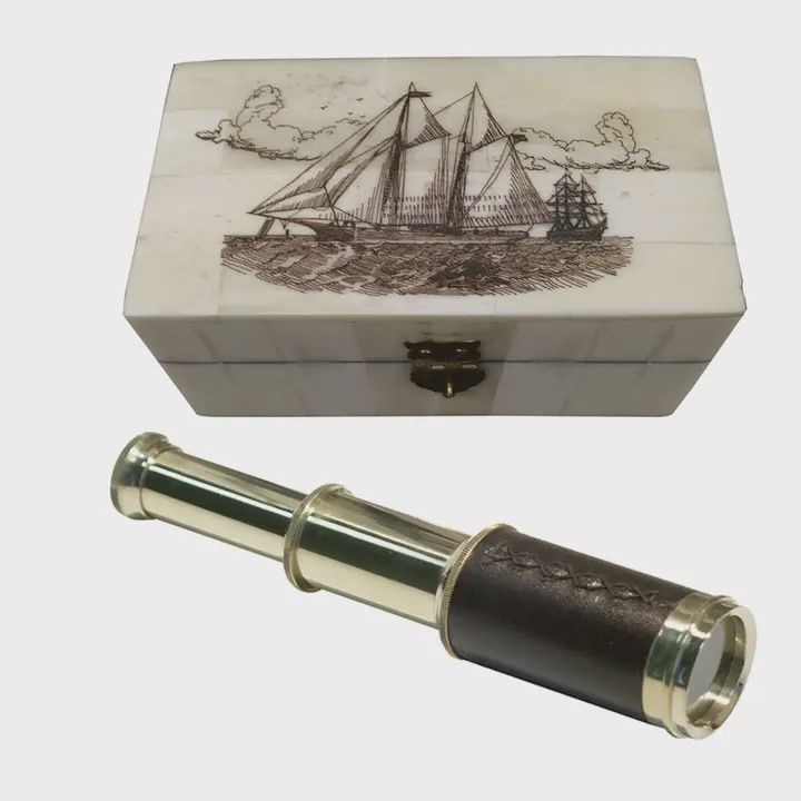 Brass/Leather Wrapped 3&quot; Telescope in Ox Bone Engraved Box