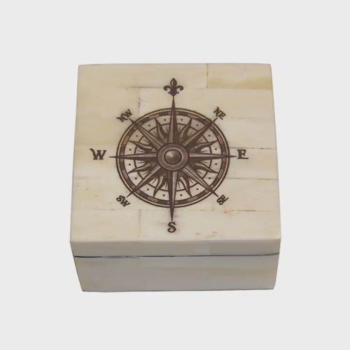Etched Compass Rose Scrimshaw Bone Box 3 ¼&quot;