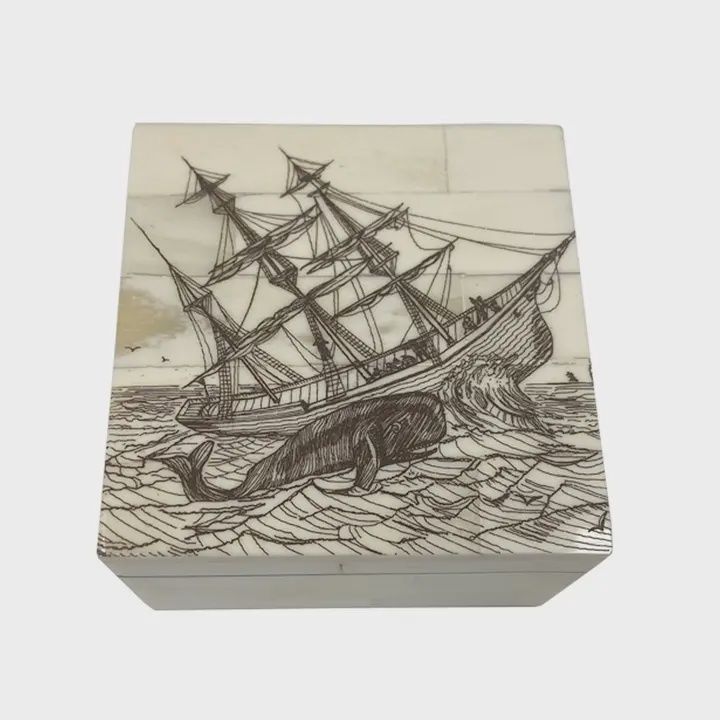 Essex Whaling Etched Ship Bone Box 3 ¼&quot;