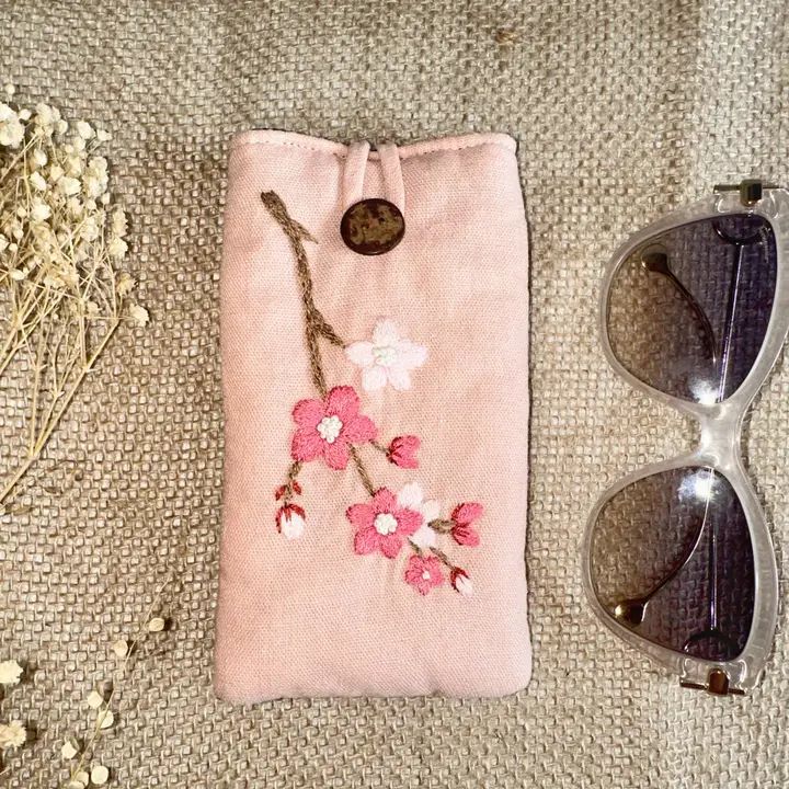Hand Embroidered Padded Glasses Case, Style: Pink Cherry Blossom