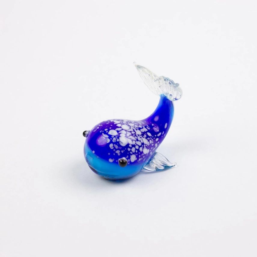 Miniature Glass Whale, Blue/White, 5cm