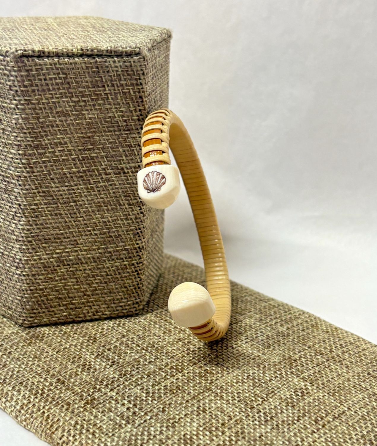 Nantucket Lightship Basket Cuff  Bracelet with Scallop Shell Scrimshaw - by Caitlin Parsons