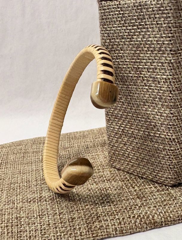 Nantucket Lightship Basket Cuff Bracelet with Fossilized Wooly Mammoth Ivory End Caps - by Caitlin Parsons