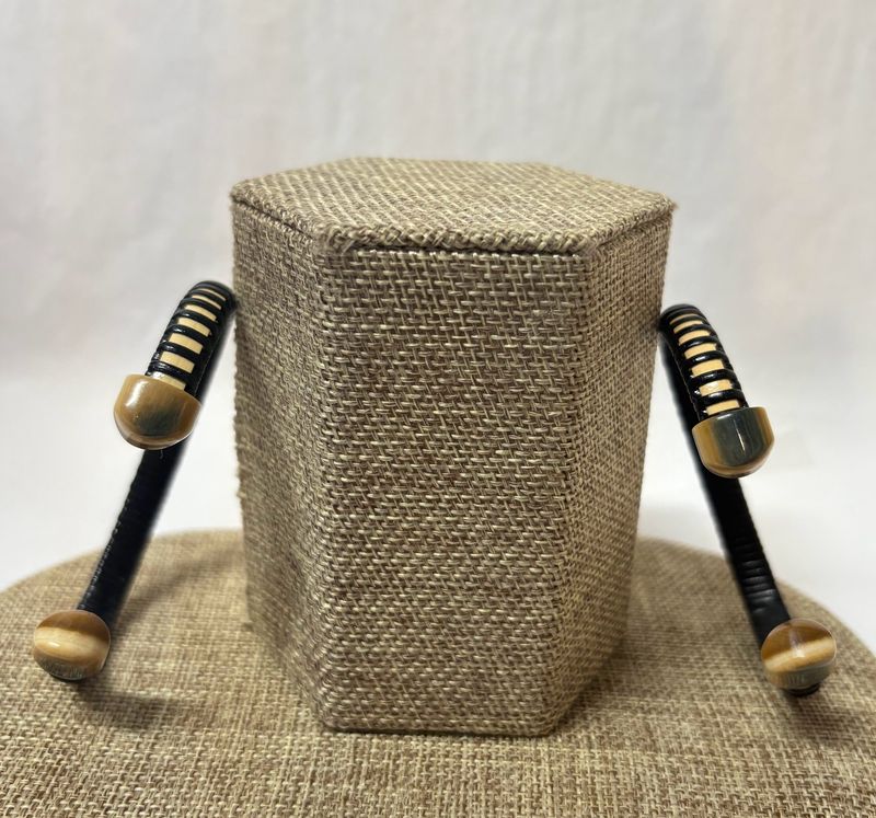 Nantucket Lightship Basket Cuff Bracelet Black with Fossilized Wooly Mammoth Ivory End Caps - by Caitlin Parsons