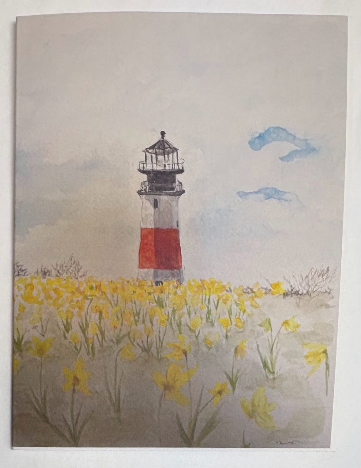 Lighthouse in Field of Daffodils Note Card by Miranda Dale