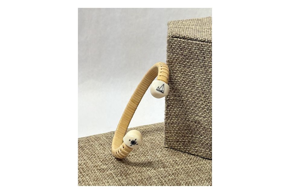 Nantucket Lightship Basket Cuff  Bracelet with Sailboat &amp; Compass Rose Scrimshaw - by Caitlin Parsons