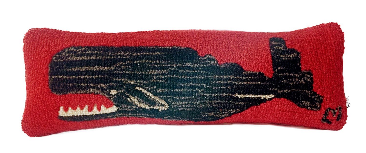 Black Whale on Red 8”x24” Hooked Lumbar Pillow