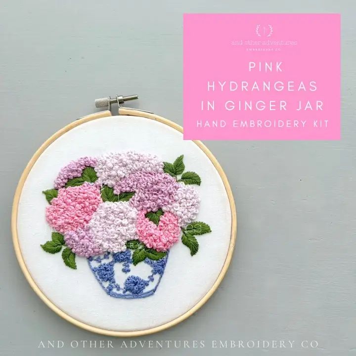 Intermediate Embroidery Kit - Pink Hydrangeas in Ginger Jar