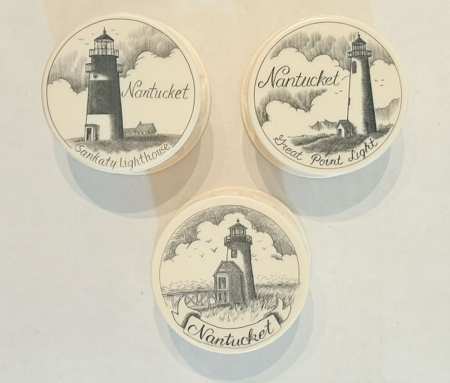 Faux Ivory Round Box with Reproduction Scrimshaw Top