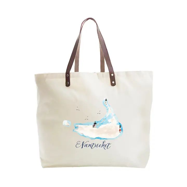Tote Bag - Nantucket Map with Three Lighthouses