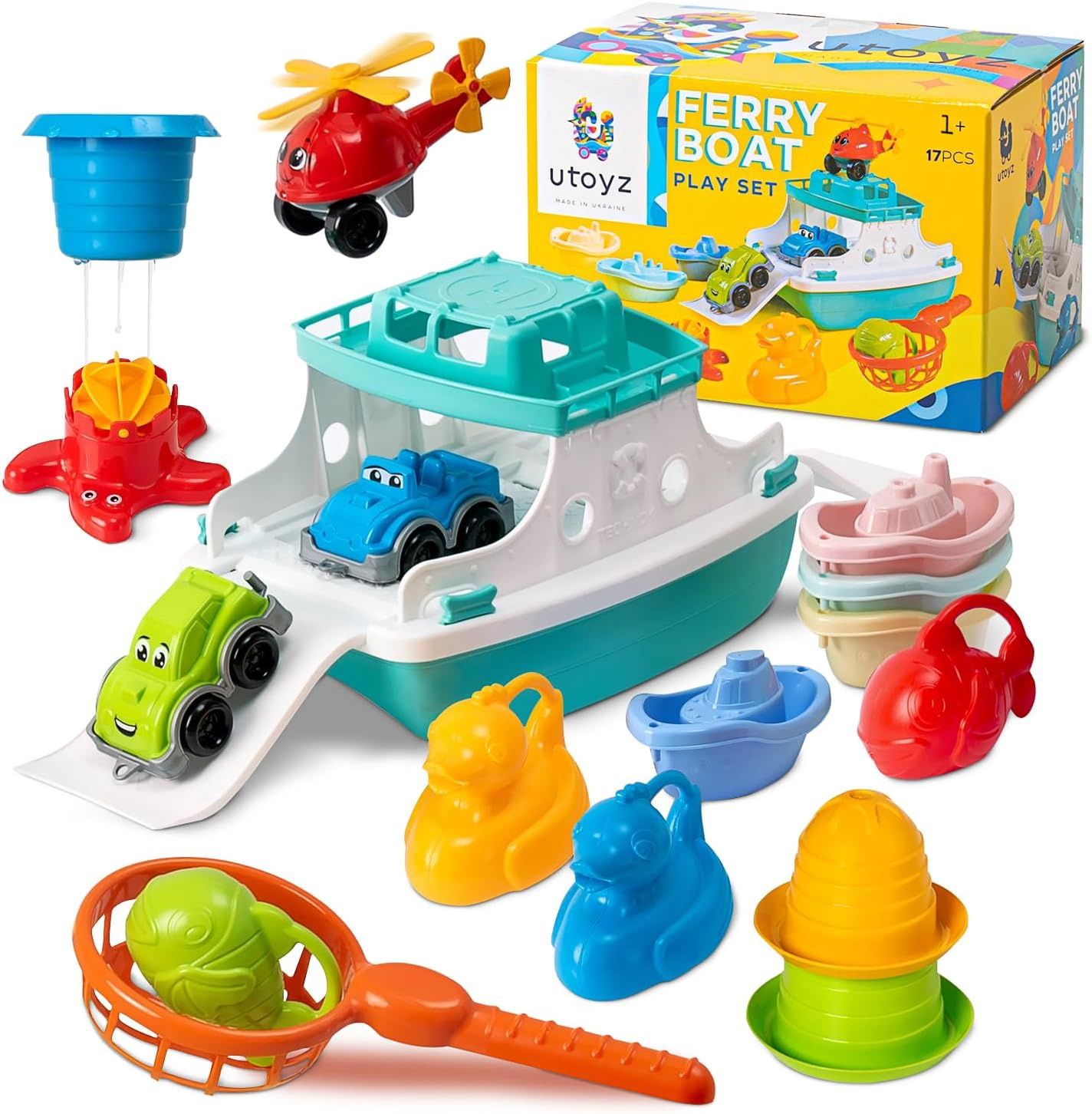 Ferry Boat Toys Set with Helicopter 2 Cars | Baby Bath Toys