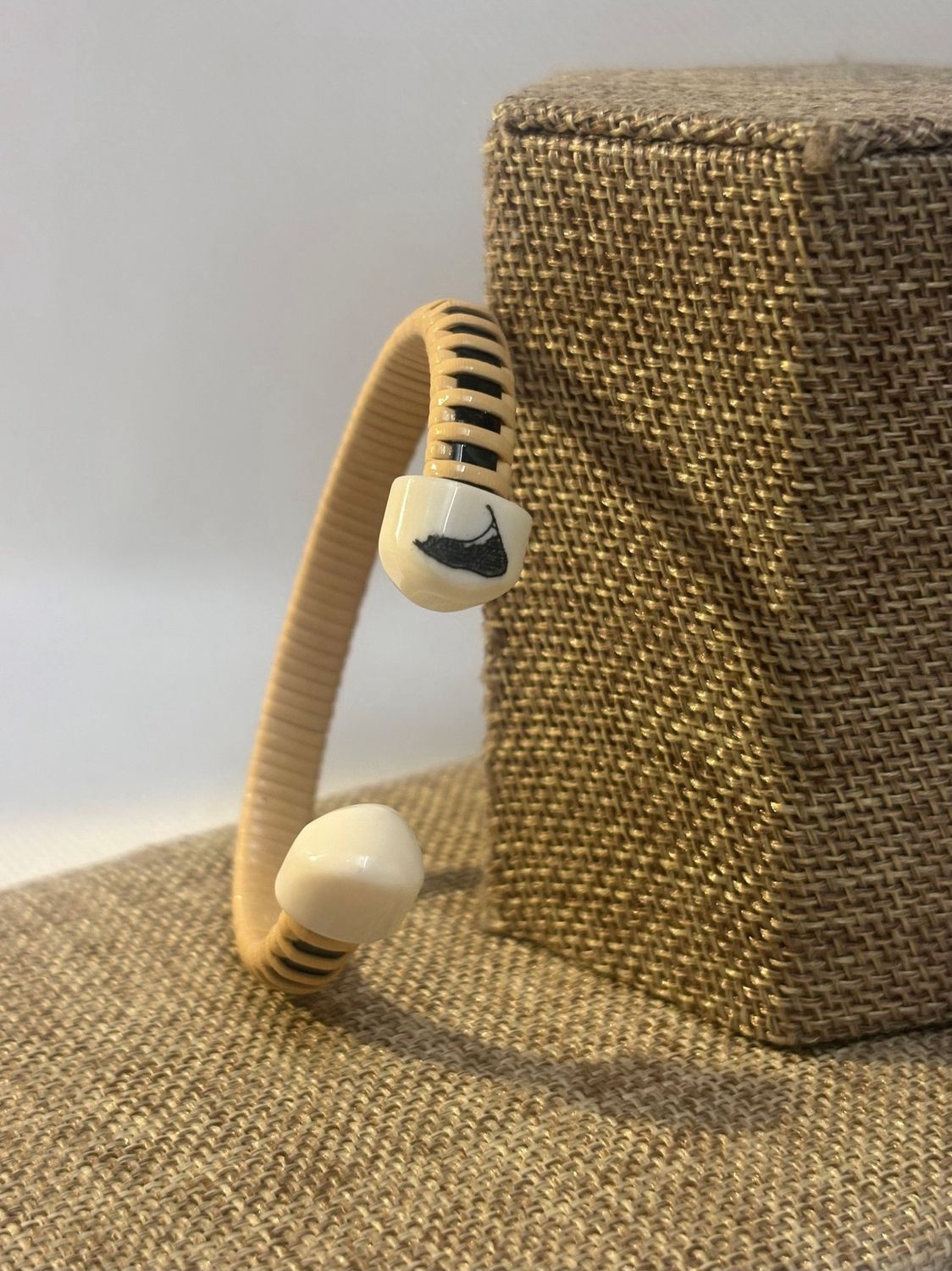 Nantucket lightship Basket - 1/4" cuff bracelet, Baleen Stave, walrus ivory caps with scrimshawed endcaps of the Island By Caitlin Parsons