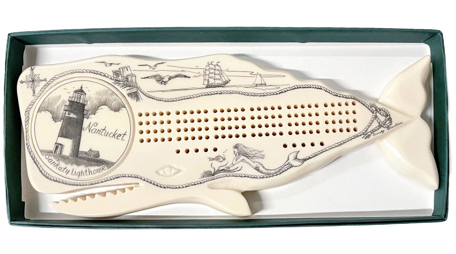 Cribbage Board, Reproduction Scrimshaw Whale-Shaped w/Sankaty LH, Size: Sankaty Lighthouse