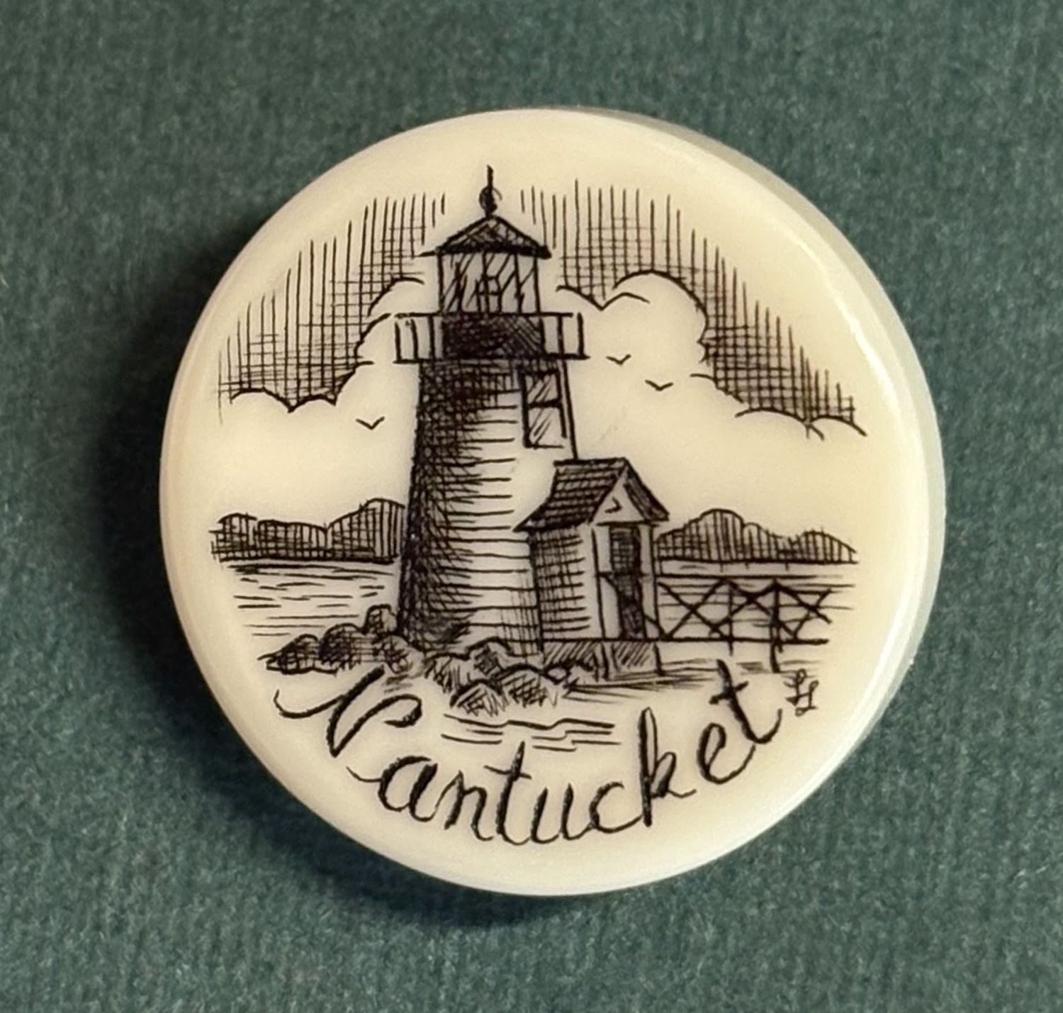 Lapel Pin, Round Reproduction Scrimshaw, Style: Brant Point