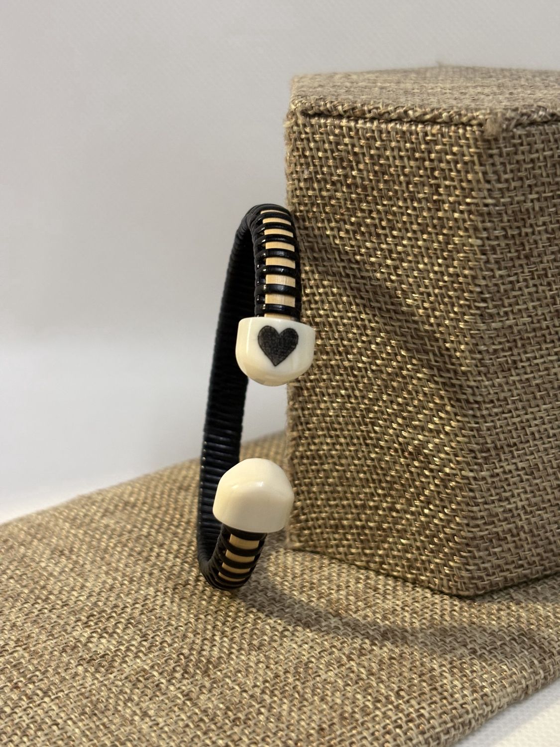 Nantucket Lightship Basket 1/4" cuff bracelet black, ivory end caps,