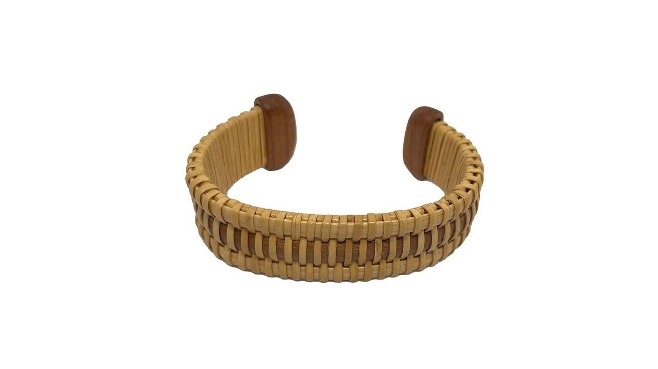 Nantucket Lightship Basket Cuff Bracelet with Woven Cherry Stave and End Caps by Pat Perry