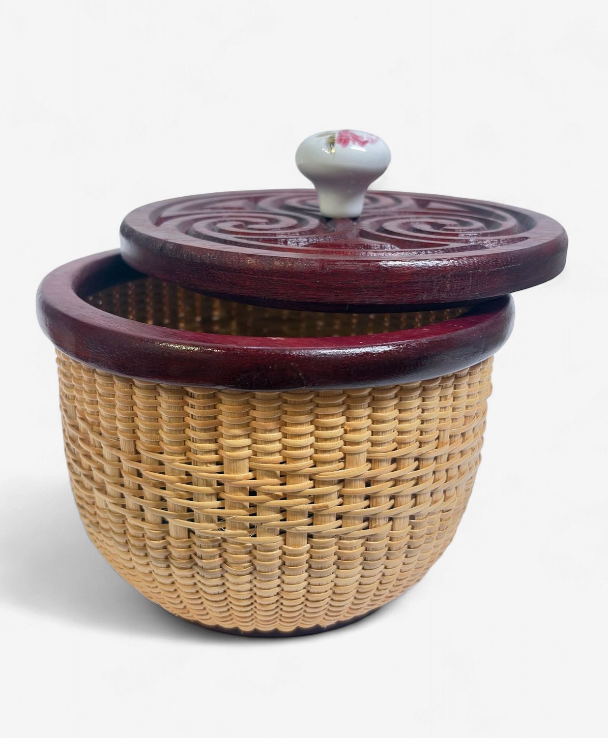 Nantucket Lighthship Basket Purple Heart wood 6" round basket carved cover acrylic pull knob