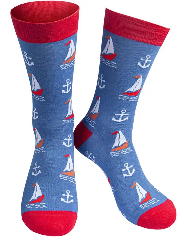 Mens Bamboo Nautical Socks Sailing Boats Anchors Blue
